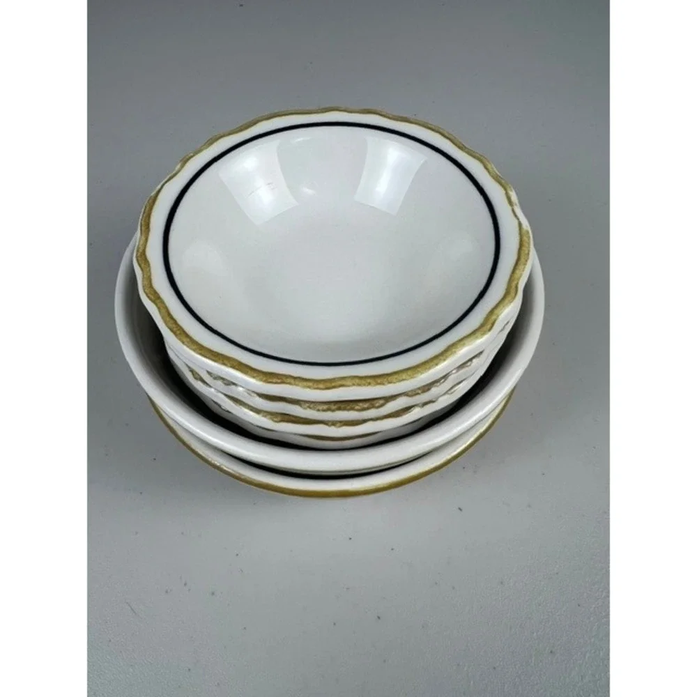 Homer Laughlin Restaurant Best China 6 Piece‎ Bowl Set Blue Gold Scalloped Rim